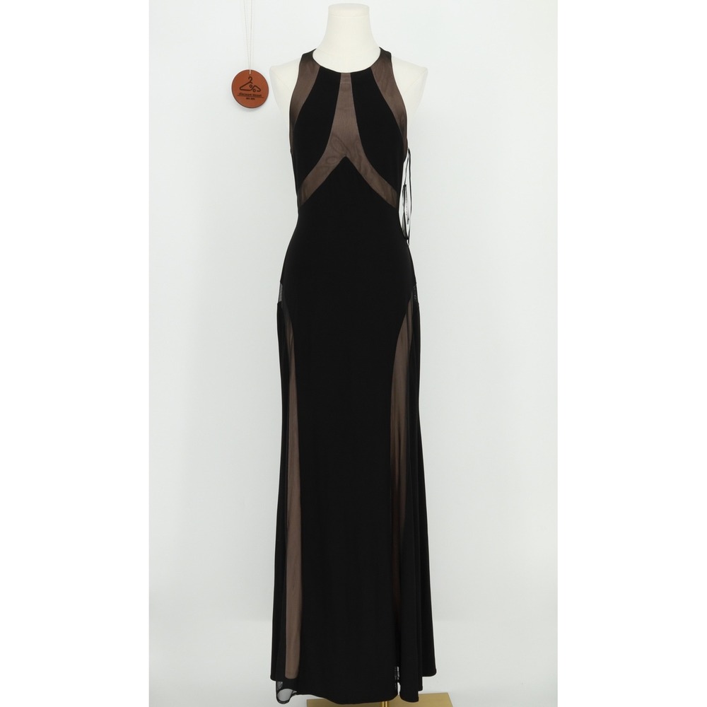 Nightway Black Nude Mesh Panel Halter Open Back Gown Dress Size 10 Evening Gala